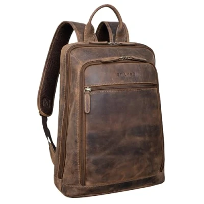 Abbildung von STILORD &#039;Watson&#039; Laptop Rucksack 15.6 Zoll Leder Backpack Business Lederrucksack Herren XL für Breite DIN A4 Ordner Tagesrucksack Vintage Echtleder, Farbe:calais braun