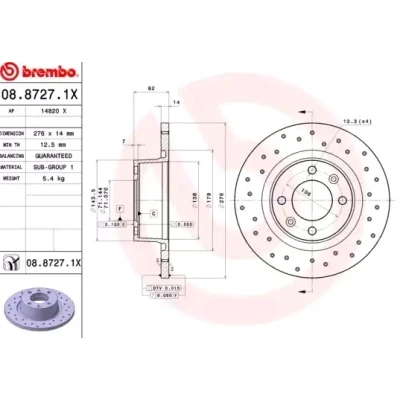 Abbildung von BREMBO XTRA LINE 08.8727.1X Bremsscheibe 276 14 4 voll, gelocht beschichtet CITROËN: C5 III Estate, 3, II Hatchback