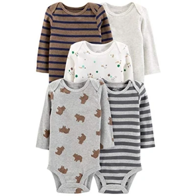 Abbildung von Simple Joys by Carter&#039;s Unisex Baby Long Sleeve Bodysuit Pack of 5 Body, Bär/Streifen/Waldtiere, 24 Monate (5er Pack)