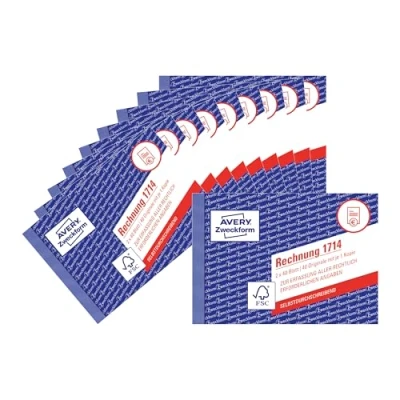 Abbildung von AVERY Zweckform 1714 10 Rechnung (A6 quer, 2x40 Blatt, selbstdurchschreibend mit farbigem Durchschlag, Netto und Bruttobetrag, MwSt. uvm, speziell für Österreich) 10er Pack, weiß/gelb, Blau