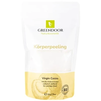 Abbildung von GREENDOOR Körperpeeling Kokosöl VIRGIN 220g, mit nativem Cocosöl, natürlicher frischer Kokosnuss Duft, Natur Peeling ohne Parfum, Anti Aging, Kokos Sugar Scrub gegen Cellulite, vegane Naturkosmetik