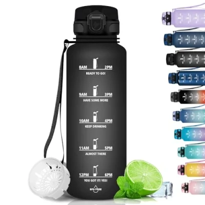 Abbildung von Grsta Trinkflasche 1.5 L Sport, BPA Frei, Kohlensäure Geeignet, Auslaufsicher, Wasserflasche mit Filter und Zeitmarkierung für Gym, Fitness, Camping Schule