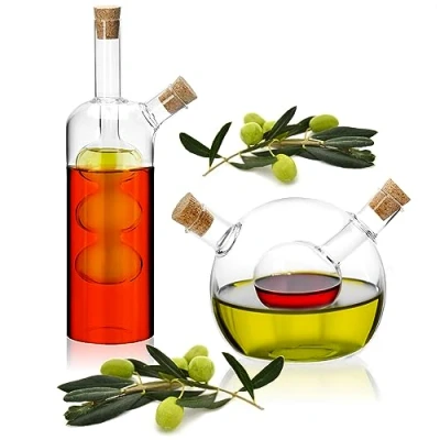 Abbildung von Robin Goods® 2 teiliges Ölspender Set in 1 Essig und Ölflasche mit Korken Glasbehälter zum Befüllen Glasflaschen Einsatz Öffnungen Glaskaraffen