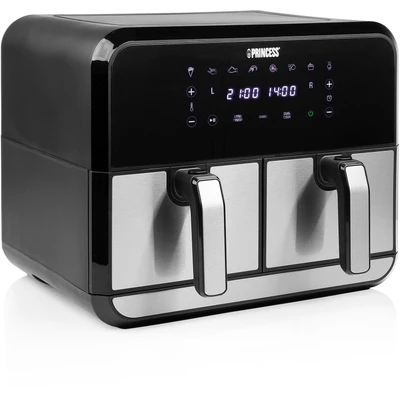 Abbildung von Princess Heißluftfritteuse mit Doppelkammer 2x4L Fassungsvermögen 62,2% weniger Energieverbrauch separate Temperaturen für 2 Fächer 8 Programme 182074, 1700 Watt, 38.4 x 37.4 30.8 cm
