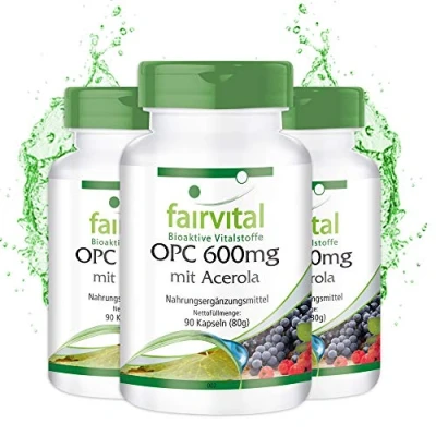 Abbildung von Fairvital OPC 600mg Kapseln Acerola 270 (90 x 3) HOCHDOSIERT VEGAN Traubenkern Extrakt