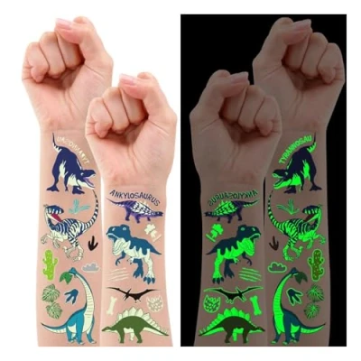 Abbildung von Leesgel 20 Blätter Dino Tattoo Kinder, Leucht Temporäre Tattoos Aufkleber Geburtstag Deko Mitgebsel Kindergeburtstag Geburtstagsdeko Jungen Geschenk Dinosaurier Spielzeug