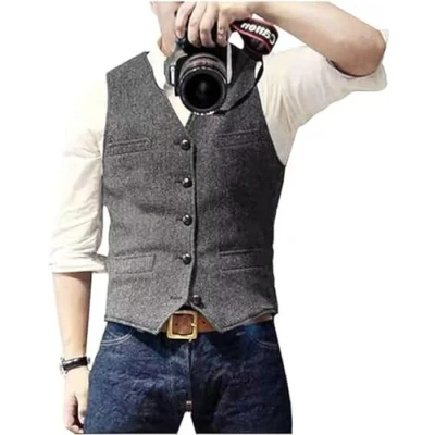 Abbildung von Solovedress Herren Casual Wolle Fischgrätmuster Anzug Weste V Ausschnitt Tweed für Hochzeit Groomsmen(Silber Grau,XXXL
