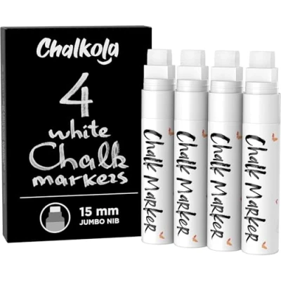 Abbildung von Chalkola Kreidestifte für Tafel Abwaschbar Weiß 4 Kreidemarker Weiss 15mm dicke Spitze Kreidestift Fenster, Tafel, als Glasstift Chalk Markers die Erwachsene und Kinder