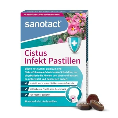 Abbildung von sanotact Cistus Infekt Pastillen (30 Lutschpastillen) Echinacea Extrakt + Gummi arabicum Zur Unterstützung der Abwehr von Viren &amp; Bakterien Lindern Reizhusten