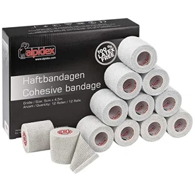 Abbildung von ALPIDEX 12 Rollen Haftbandage 5 cm x 4.5 m Selbstklebender Verband Pet Bandagen Fixierband Sport Vet Wrap Tape Selbsthaftend, Farbe:weiß