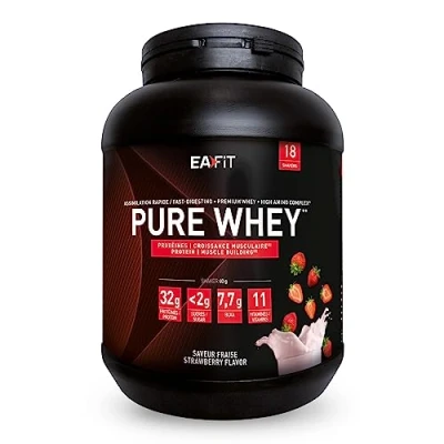 Abbildung von Whey Protein Pulver Erdbeere 750g Premium Molkenproteine für Muskelaufbau Isolate Eiweißpulver Proteinpräparate EAFIT made in France