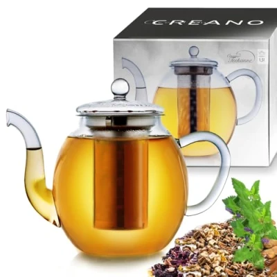 Abbildung von Creano Teekanne aus Glas 1,5l mit Edelstahl Filter Glasteekanne Sieb und Deckel Dobin Ideal zur Zubereitung von Losen Tees tropffrei
