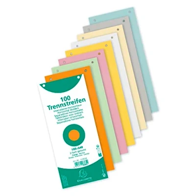 Abbildung von Exacompta 13395B 100er Pack Premium Karton Trennstreifen. 10,5 x 24 cm farbig sortiert. Für eine übersichtliche Anblage Ihrer Dokumente. Trennlaschen Trennblätter Ordner Register