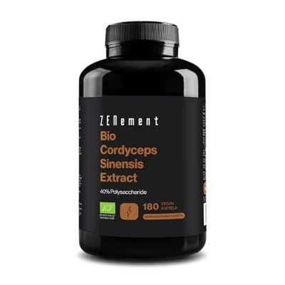 Abbildung von Bio Cordyceps Kapseln hochdosiert 180 (650mg) mit 6500mg mg Pilz Extrakt (10:1) pro Tagesdosis Sinensis 40% bioaktiven Polysacchariden Laborgeprüft Vegan Zenement