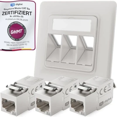 Abbildung von hb digital 3 Port CAT 6a Netzwerkdose unterputz RAL9003 + 3X Keystone RJ45 Modul LAN Ethernet Dose Buchse Einbaubuchse für 5e 6 max. 10 Gbit/s STP Signalweiß