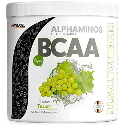 Abbildung von BCAA Pulver 300g Traube, TESTSIEGER Alphaminos 2:1:1 Drink, unfassbar leckerer Geschmack, Essentielle Aminosäuren Leucin, Isoleucin &amp; Valin, 100% vegan Top Löslichkeit Laborgeprüft