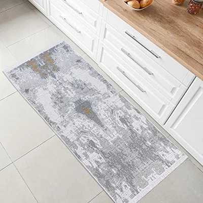 Abbildung von Fashion4Home Teppich Kurzflor Boho Kelim Teppich, Wohnzimmerteppich, Schlafzimmer und Küchenteppich, Läufer, Flur Kinderzimmerteppich Abstract Grau Gold, Grüße: 60x180 cm