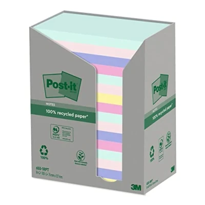 Abbildung von Post it Recycling Notes, Assortierte Farben, Packung mit 16 Blöcken, 100 Blatt pro Block, 76 mm x 127 mm, Farben: Grün, Pink, Blau, Gelb Selbstklebende Notizzettel aus 100% Recyclingpapier