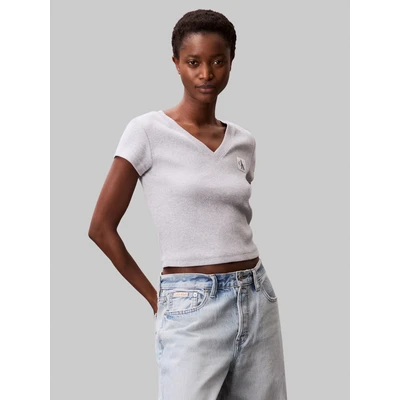 Abbildung von Calvin Klein Jeans Woven Label V NECK TEE Tshirt basic, Damen, Größe: XS, Grey heather