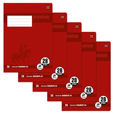 Abbildung von Staufen Premium Schulheft DIN A4, Lineatur 28 (5mm kariert mit Randlinie), 32 Blatt, 90g/m² Papier, 5 Stück