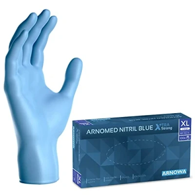 Abbildung von ARNOMED Einweghandschuhe Blau Extra Stark, Einmalhandschuhe in XL, 50% dickere Nitrilhandschuhe, 100 Stk./Box, Handschuhe Einweg puderfrei, latexfreie Gummihandschuhe, S, M, L &amp; XL