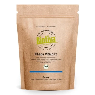 Abbildung von Chaga Pilz Pulver Bio 125g Wildsammlung Vitalpilz Schiefer Schillerporling Abgefüllt und kontrolliert in Deutschland Biotiva