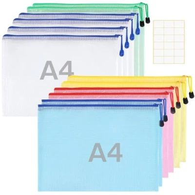 Abbildung von 12 Stück Wasserdichte Dokumententasche A4 Zanfqvo Dokumentenmappe Mesh Kunststoff Beutel mit Reißverschluss und Etiketten für Datei, Papier, Reise, Schminktasche (5 Farben)