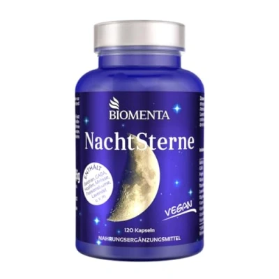 Abbildung von BIOMENTA Nachtsterne 120 Baldrian Kapseln hochdosiert Wirkstoffkomplex mit Hopfen, GABA, Melisse, Passionsblume, Lavendel, Magnesium, Vitamin C, B Vitaminen vegan Premiumqualität