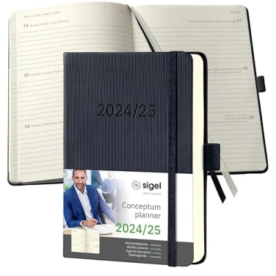 Abbildung von SIGEL C2502 Terminplaner Wochenkalender 2024/2025, ca. A6, schwarz, Hardcover, Gummiband, Stiftschlaufe, Archivtasche, aus nachhaltigem Papier, 18 Monatskalender, Conceptum