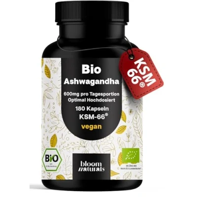 Abbildung von Bio Ashwagandha Kapseln hochdosiert 180 600 mg KSM 66® für Cortisol, vegan &amp; produziert in Deutschland Laborgeprüft