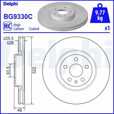 Abbildung von DELPHI BG9330C Bremsscheibe 322 28 5 Belüftet beschichtet hochgekohlt ohne Radlager, ABS Sensorring VOLVO: V90 II Estate, XC60 II, S90