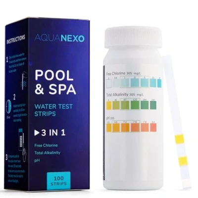 Abbildung von AQUANEXO 100 Pool Teststreifen &amp; Spa 3 in 1, Zubehör, Pooltester für Planschbecken Schwimmbad Whirlpool, Wassertester Pools, Tester pH und Chlor,