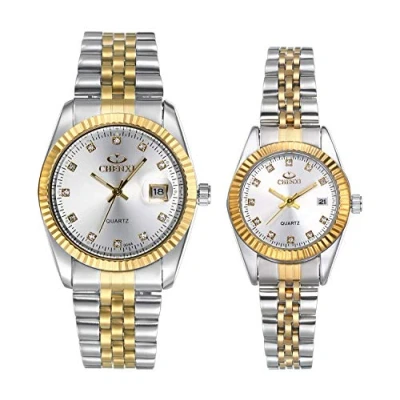 Abbildung von JewelryWe 2pcs Paar Uhr Analog Quarz Kalender 30M Wasserdicht Partner Armbanduhr Edelstahl Armband Herren Damen Uhren mit Silber Strass Zifferblatt