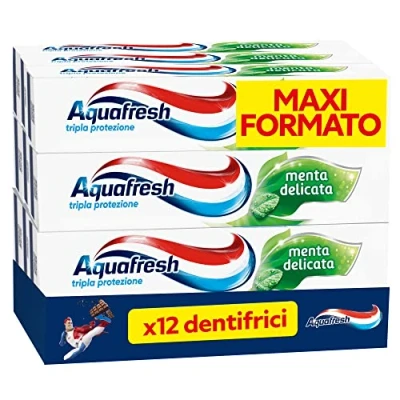 Abbildung von Aquafresh Dreifacher Schutz, starke Zähne, gesundes Zahnfleisch, starker Nagellack, frischer Atem, zarter Minzgeschmack, 12er Pack Zahnpasten x 75 ml
