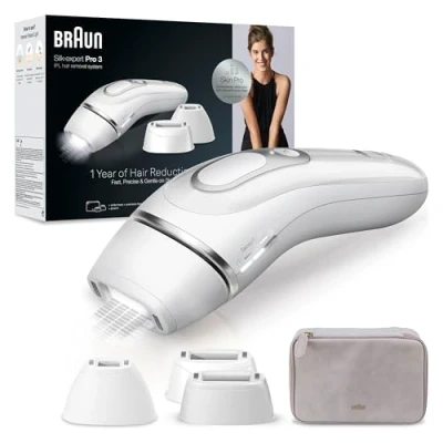 Abbildung von Braun IPL Silk Expert Pro 3 Haarentfernungsgerät Damen, sichtbare Haarentfernung, Designed In Germany, Aufsätze, Alternative zu Laser PL3230, weiß/Silber