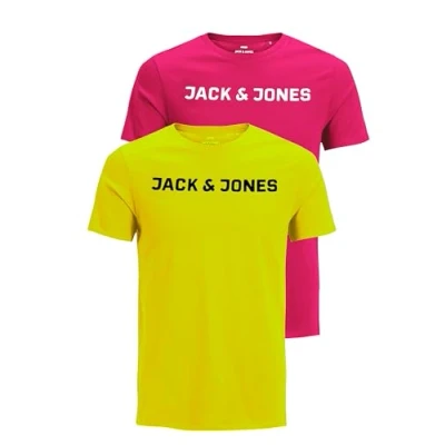 Abbildung von JACK &amp; JONES Herren JJECORP Logo Tee SS Crew Neck 2er Pack T Shirt, Fuchsia Rose/Safety Yellow, L