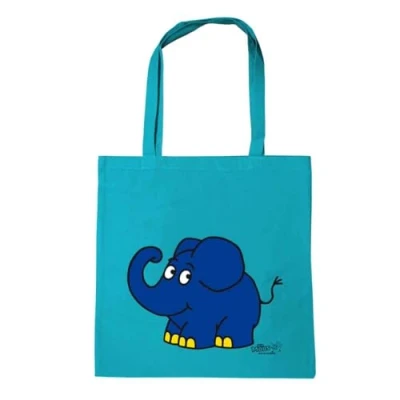 Abbildung von Logoshirt® Die Sendung mit der Maus I Elefant Happy wiederverwendbare Tasche Stofftasche Baumwolltasche bedruckt langen Tragegriffen türkis lizenziertes Originaldesign