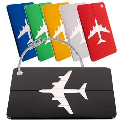 Abbildung von Premium Kofferanhänger Set mit Adressschild, in 6 Farben, Aluminium Schild, für Flugreise, Kreuzfahrt, usw., Metallgepäckanhänger, Namensschild Koffer Kit, Adressanhänger, Taschenanhänger, ID Etikett
