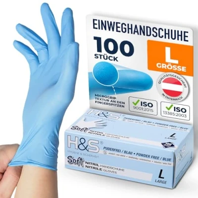 Abbildung von ISC Hygiene &amp; Safety Nitrilhandschuhe L, Einweghandschuhe, Einmalhandschuhe, Kochhandschuhe Lebensmittel 100 Stück Größe 9 Large blau puderfrei non latex latexfrei Gummihandschuhe Einweg