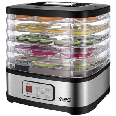 Abbildung von YASHE GGJ 261B Dörrautomat mit LED Display, Temperaturregelung 35 70C &amp; 72 Stunden Timer, 5 höhenverstellbaren Tabletts, Dörrgerät für Obst und Gemüse, 240 Watt, BPA frei