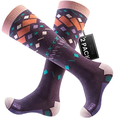 Abbildung von OutdoorMaster 2 Paar Unisex Skisocken für Damen &amp; Herren, Winter Snowboarding Atmungsaktive thermische Socken Outdoor Sportarten mit Über die Wade Design/Anti Rutsch Bündchen