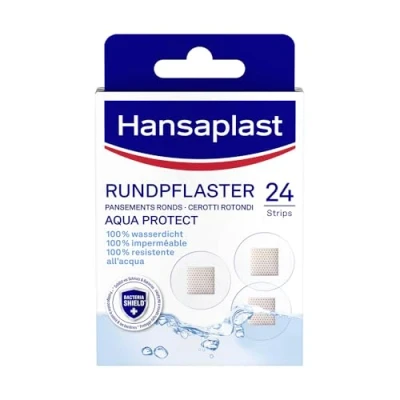 Abbildung von Hansaplast Aqua Protect Rundpflaster (24 Strips), Wasserdichte Pflaster aus atmungsaktivem Material und Bacteria Shield, Wundpflaster mit extra starker Klebkraft schonend zur Haut