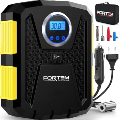 Abbildung von FORTEM Tragbarer Kompressor Autoreifen, 230V Adapter, 12V Autoreifen Pumpe und Fahrradpumpe Elektrisch mit LED Licht Digitaler Reifendruckmesser Automatische Pumpe/Abschaltung