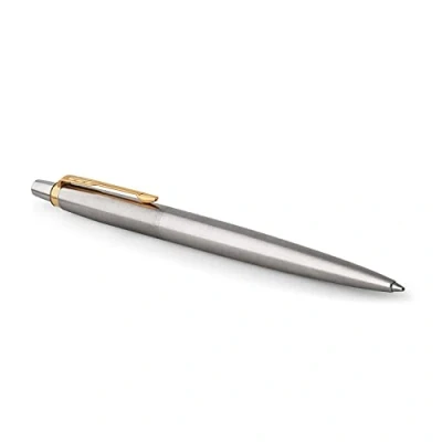 Abbildung von Parker Jotter Gelschreiber Edelstahl mit Goldzierteilen mittlere Schreibspitze (0,7 mm) schwarze Tinte Blister Verpackung