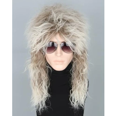 Abbildung von LeMarnia 70er/80er Rocker Vokuhila Perücke Lang Gelockt BraunVerlauf Weiß Unisex Erwachsene Halloween Cosplay Kostüm