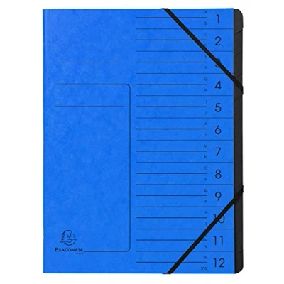 Abbildung von Exacompta 541202E Premium Ordnungsmappe geheftet. Aus extra starkem Colorspan Karton DIN A4 12 schwarze Fächer und 2 Gummizüge mit Organisationsdruck Ringmappe Register Mappe blau