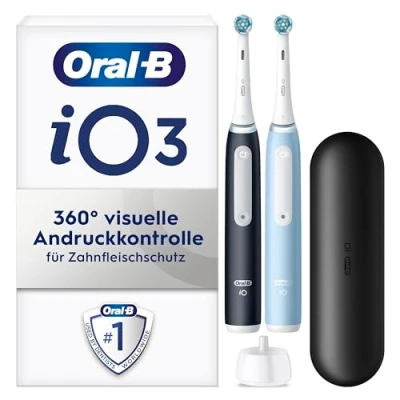 Abbildung von Oral B iO Series 3 Elektrische Zahnbürste oder Electric Toothbrush, Doppelpack, 2 Aufsteckbürsten, Putzmodi für Zahnpflege, Magnet Technologie, Reiseetui, Designed by Braun, matt black und ice blue