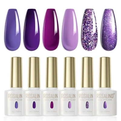 Abbildung von ROSALIND UV Nagellack Lila, 6 Farben Lila Wisteria Rose Dunkellila Glitzer Purpurrot Shellac Soak Off LED Gellack für Frauen Home DIY Nail Art Maniküre Salon