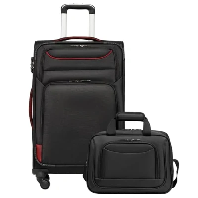 Abbildung von COOLIFE Koffer Trolley Reisekoffer von 4 Rollen Stoffkoffer Handgepäck TSA Schloss Der Enthält 1 Große Umhängetasche (Mittlerer Set 2tlg, Schwarz+Rot)