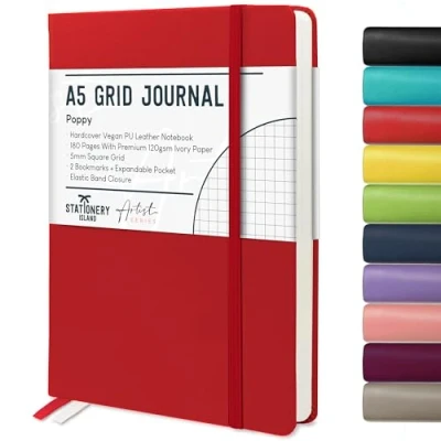 Abbildung von STATIONERY ISLAND Notizbuch a5 Kariert, Journal Hardcover mit 120 g/m² Dickem Papier, 180 Seiten Tagebuch, Notebook für Mädchen, Reisetagebuch, Planen, Lernen, Rot